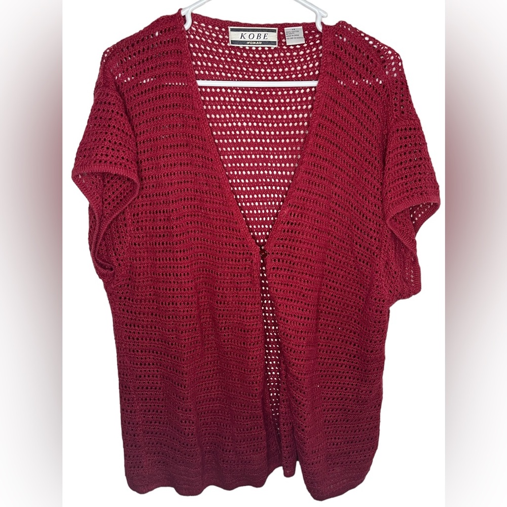 Kobe Woman Red Open Knit Cardigan Short Sleeve Button Cotton Plus Size 1X‎